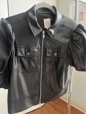 cinq a sept Black Faux Leather Puff-Sleeve Zip Jacket